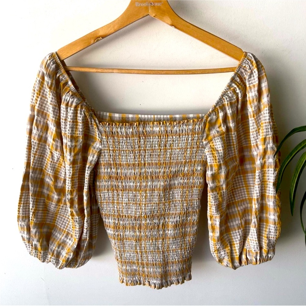 EUC Maeve Anthropologie Top Womens Small Yellow Plaid Puff Shoulder Cottage Boho